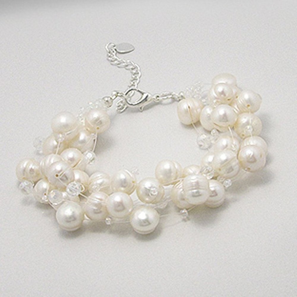 Japanese Silk Pearl Bracelet w/ Crystal Beads's & 925 Sterling Clasp